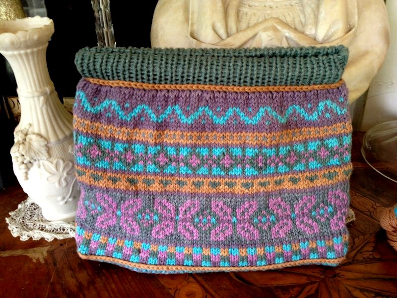 Knitted Fair Isle Bag turquoise, pink, gray