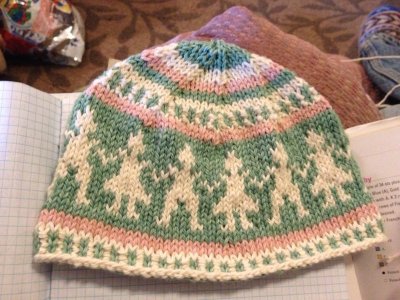 Fair Isle Knitted People Hat Pink and green